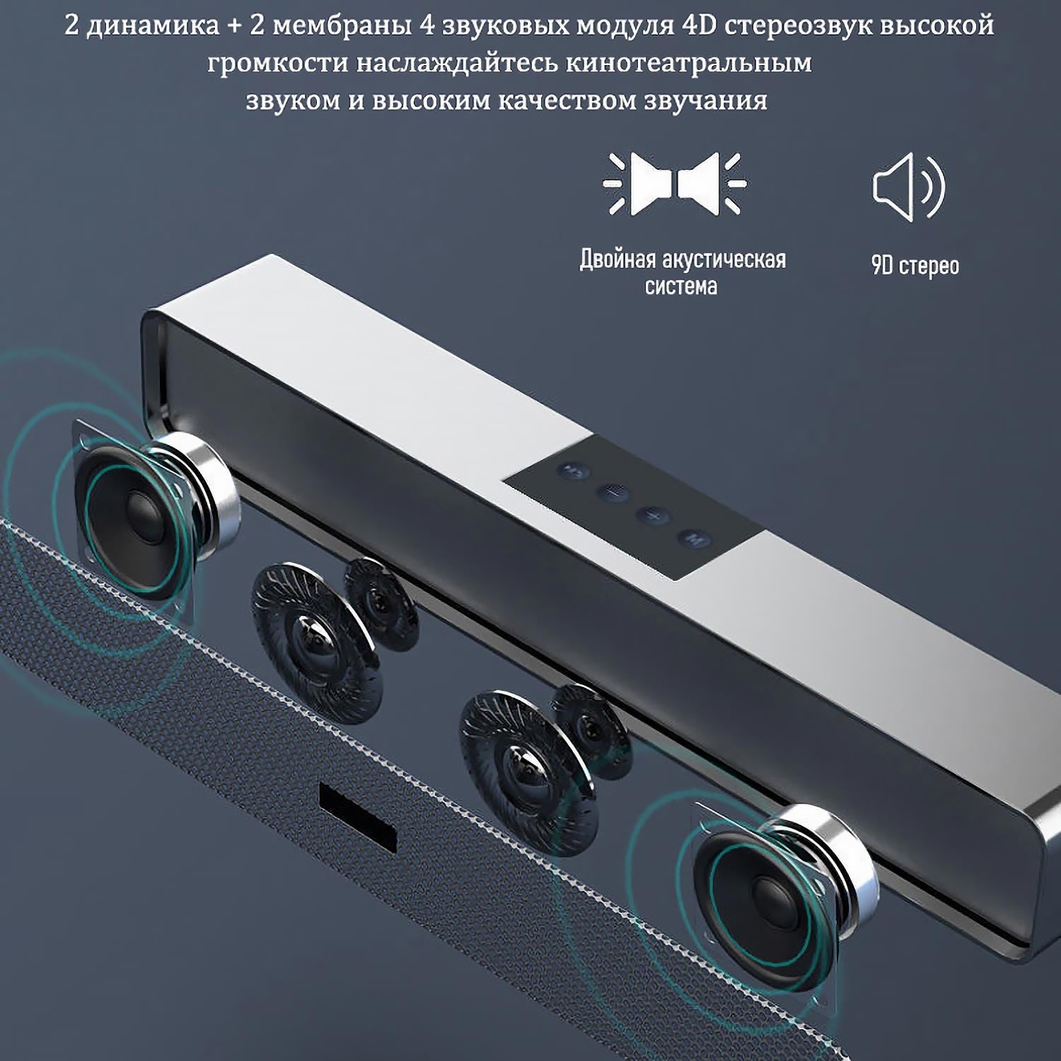 HiFi-звуковая панель 9D - 4 динамика, Антимагнитная технология, Беспроводное/Проводное подключение (Для ТВ/вечеринок/дома)