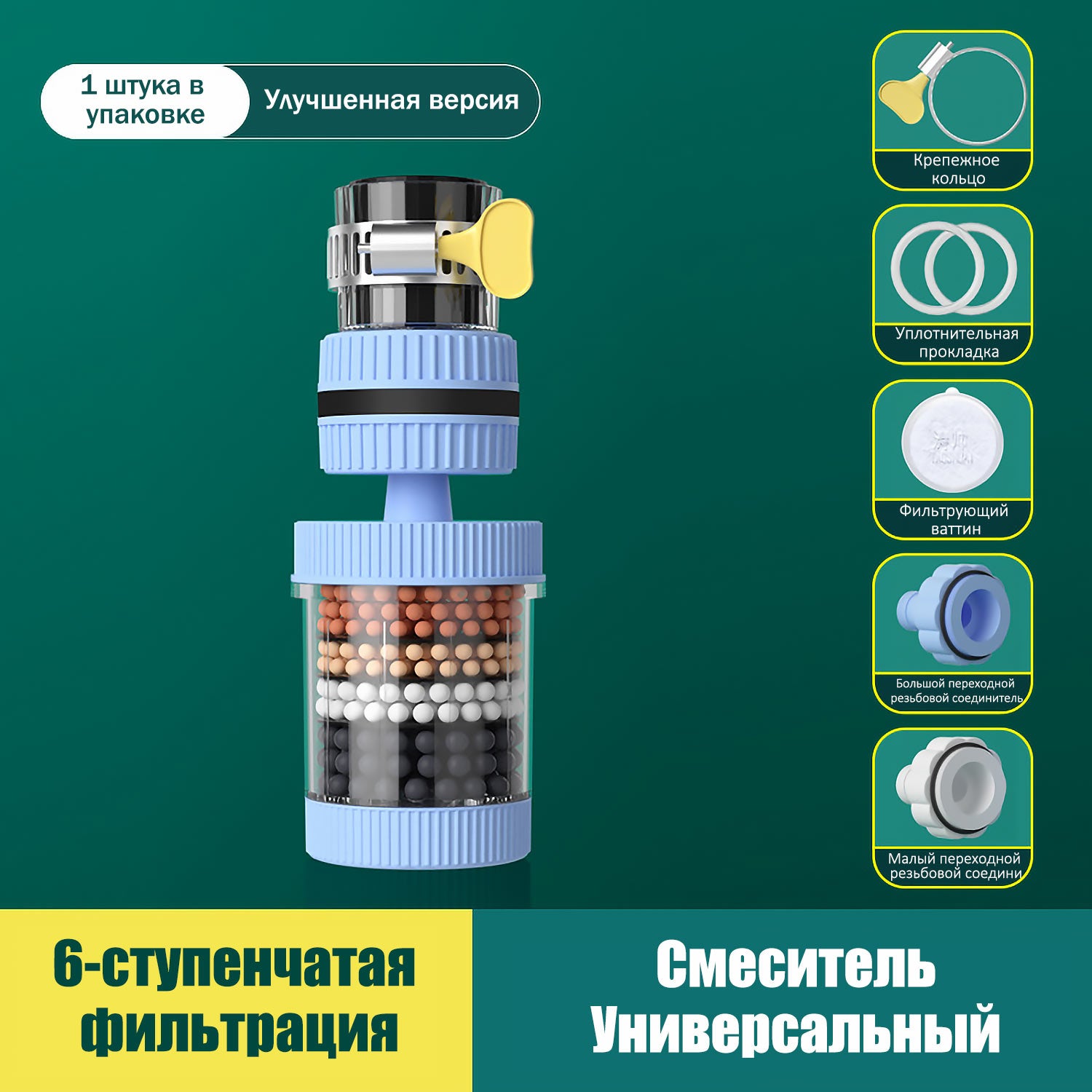 Универсальный фильтр для смесителя - Антибрызговый, Вращающийся, 6-ступенчатая очистка воды (Для кухни/ванной, Экономия воды)