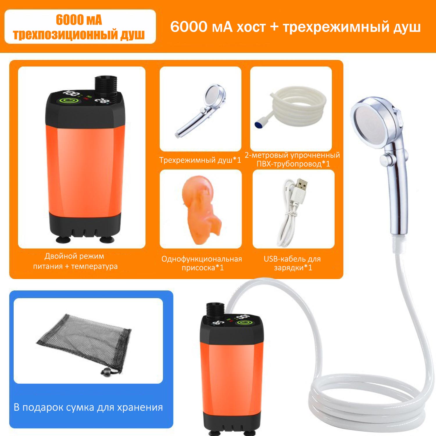 Портативная душевая система с насосом | Зарядка Type-C | 4 уровня регулировки | IPX7 водонепроницаемость